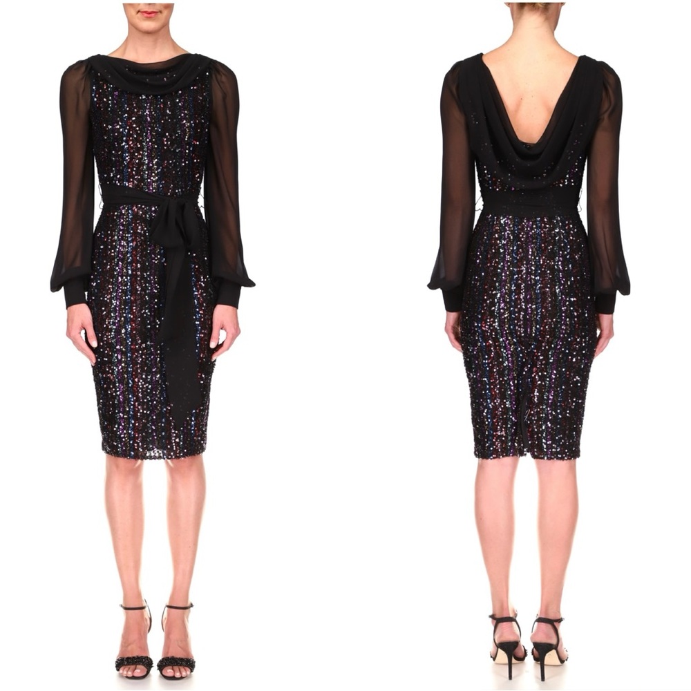 NWOT BADGLEY MISCHKA Stripe and Sequin Cocktail Dress. Size 4